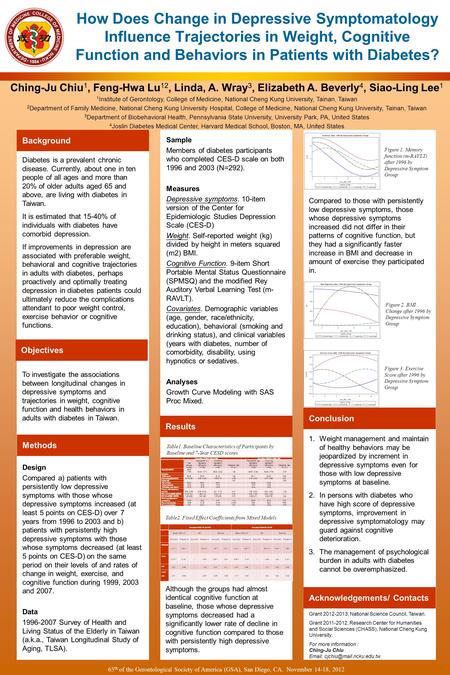 Ching-Ju Chiu 1, Feng-Hwa Lu 12, Linda, A. Wray 3, Elizabeth A. Beverly 4, Siao-Ling Lee 1 1 Institute of Gerontology, College of Medicine, National Cheng.