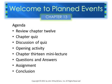 Copyright © 2011 by John Wiley & Sons, Inc. All Rights Reserved Agenda Review chapter twelve Chapter quiz Discussion of quiz Opening activity Chapter thirteen.