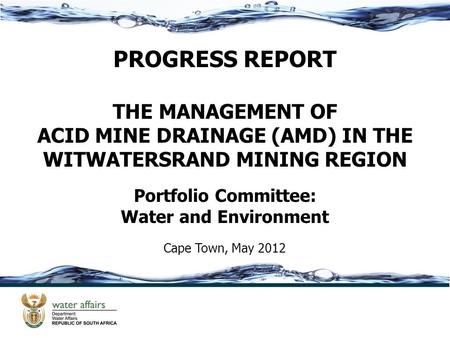 PROGRESS REPORT THE MANAGEMENT OF ACID MINE DRAINAGE (AMD) IN THE WITWATERSRAND MINING REGION Portfolio Committee: Water and Environment Cape Town, May.