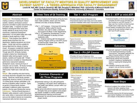 Outcomes Tier 2 – PI-LDP Course Tier 3 – ATP or mini-ATP Tier 1 – ACT Program Three Tiers of QI TrainingAbstract DEVELOPMENT OF FACULTY MENTORS IN QUALITY.