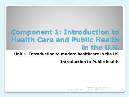 Component 1: Introduction to Health Care and Public Health in the U.S. Unit 1: Introduction to modern healthcare in the US Introduction to Public health.