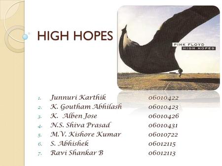 HIGH HOPES 1. Junnuri Karthik 06010422 2. K. Goutham Abhilash 06010423 3. K. Alben Jose06010426 4. N.S. Shiva Prasad06010431 5. M.V. Kishore Kumar06010722.