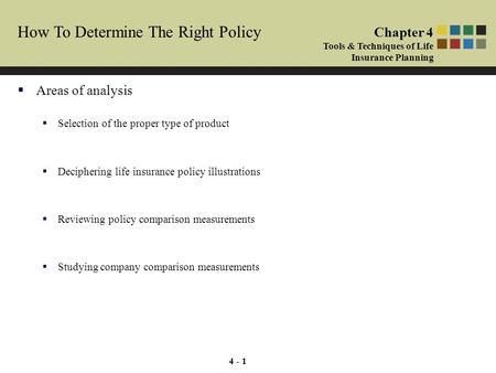 4 - 1 How To Determine The Right Policy  Areas of analysis  Selection of the proper type of product  Deciphering life insurance policy illustrations.