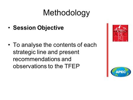 Methodology Session Objective To analyse the contents of each strategic line and present recommendations and observations to the TFEP.