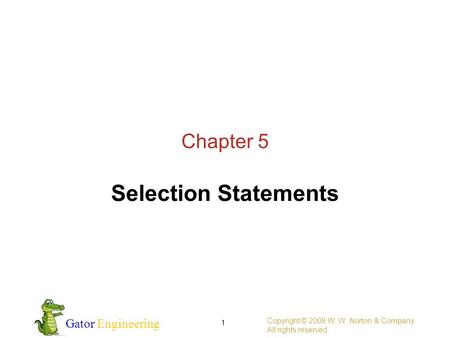 Gator Engineering Copyright © 2008 W. W. Norton & Company. All rights reserved. 1 Chapter 5 Selection Statements.