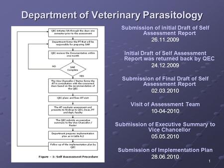 1 Department of Veterinary Parasitology Submission of initial Draft of Self Assessment Report 26.11.2009 Initial Draft of Self Assessment Report was returned.