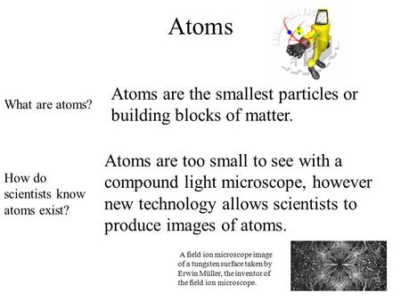 Atoms Atoms are the smallest particles or building blocks of matter. Atoms are too small to see with a compound light microscope, however new technology.