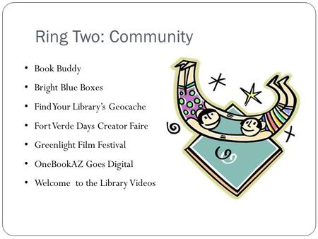 Ring Two: Community Book Buddy Bright Blue Boxes Find Your Library’s Geocache Fort Verde Days Creator Faire Greenlight Film Festival OneBookAZ Goes Digital.