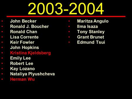 2003-2004 John Becker Ronald J. Boucher Ronald Chan Lisa Corrente Keir Fowler John Hopkins Kristina Kjeldsberg Emily Lee Robert Lee Kay Lozano Nataliya.