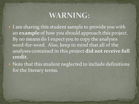 I am sharing this student sample to provide you with an example of how you should approach this project. By no means do I expect you to copy the analyses.