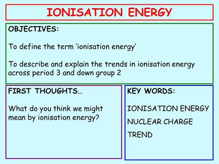 IONISATION ENERGY OBJECTIVES: To define the term ‘ionisation energy’ To describe and explain the trends in ionisation energy across period 3 and down group.