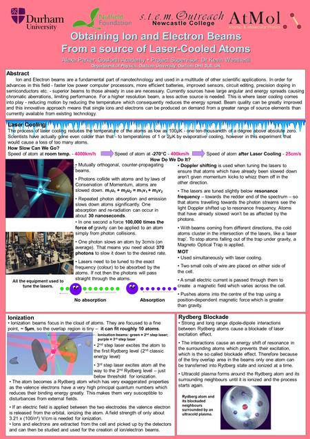 Obtaining Ion and Electron Beams From a source of Laser-Cooled Atoms Alexa Parker, Gosforth Academy  Project Supervisor: Dr Kevin Weatherill Department.