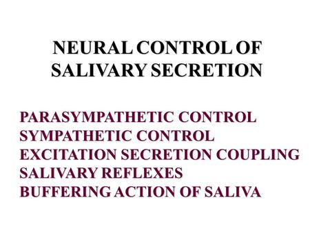 NEURAL CONTROL OF SALIVARY SECRETION PARASYMPATHETIC CONTROL SYMPATHETIC CONTROL EXCITATION SECRETION COUPLING SALIVARY REFLEXES BUFFERING ACTION OF SALIVA.