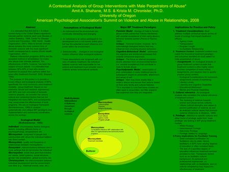 A Contextual Analysis of Group Interventions with Male Perpetrators of Abuse* Amit A. Shahane, M.S. & Krista M. Chronister, Ph.D. University of Oregon.