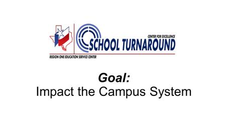 Goal: Impact the Campus System. School Turnaround Change in the Performance of an Organization DocumentedQuick DramaticSustained.