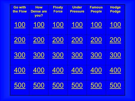 Go with the Flow How Dense are you? Floaty Force Under Pressure Famous People Hodge Podge 100 200 300 400 500.