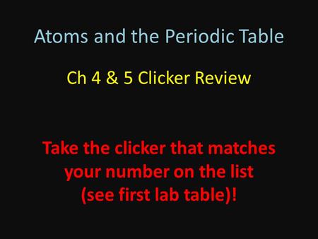 Ch 4 & 5 Clicker Review Take the clicker that matches your number on the list (see first lab table)! Atoms and the Periodic Table.