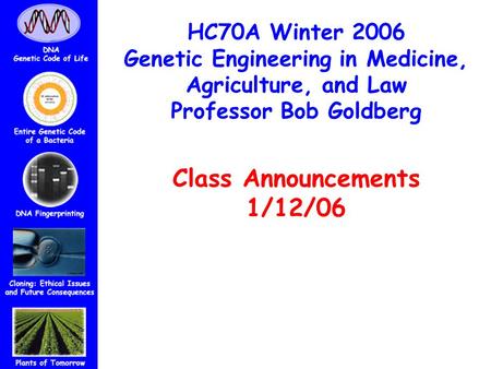 HC70A Winter 2006 Genetic Engineering in Medicine, Agriculture, and Law Professor Bob Goldberg Class Announcements 1/12/06.