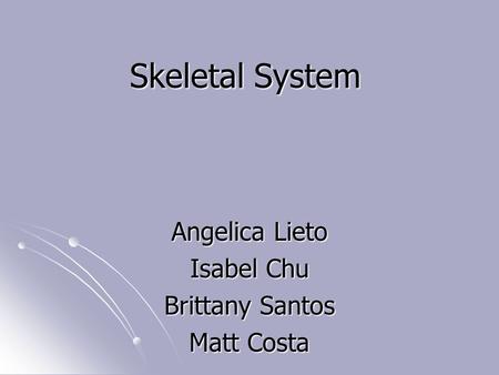 Skeletal System Angelica Lieto Isabel Chu Brittany Santos Matt Costa.