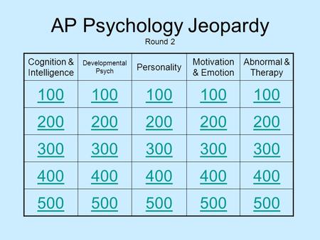 AP Psychology Jeopardy Round 2 Cognition & Intelligence Developmental Psych Personality Motivation & Emotion Abnormal & Therapy 100 200 300 400 500.