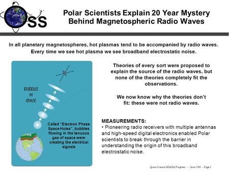 Space Science MO&DA Programs - June 2000 - Page 1 SS In all planetary magnetospheres, hot plasmas tend to be accompanied by radio waves. Every time we.