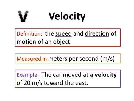 Velocity Definition: the speed and direction of motion of an object. Example: The car moved at a velocity of 20 m/s toward the east.