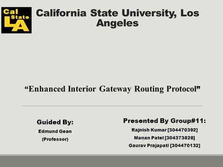 California State University, Los Angeles “ Enhanced Interior Gateway Routing Protocol ” Presented By Group#11: Rajnish Kumar [304470392] Manan Patel [304373828]