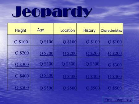 Jeopardy Height Age LocationHistory Characteristics Q $100 Q $200 Q $300 Q $400 Q $500 Q $100 Q $200 Q $300 Q $400 Q $500 Final Jeopardy.