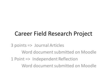 Career Field Research Project 3 points => Journal Articles Word document submitted on Moodle 1 Point => Independent Reflection Word document submitted.