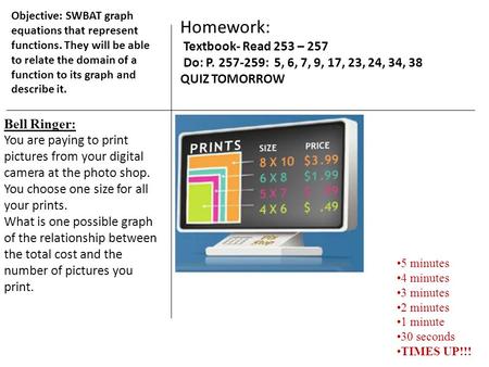 Objective: SWBAT graph equations that represent functions. They will be able to relate the domain of a function to its graph and describe it. Bell Ringer: