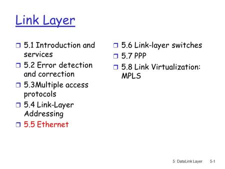 5: DataLink Layer5-1 Link Layer r 5.1 Introduction and services r 5.2 Error detection and correction r 5.3Multiple access protocols r 5.4 Link-Layer Addressing.