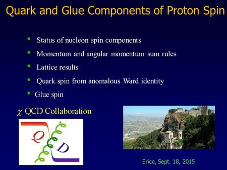 Quark and Glue Components of Proton Spin Status of nucleon spin components Momentum and angular momentum sum rules Lattice results Quark spin from anomalous.