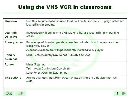 1Quit Using the VHS VCR in classrooms OverviewUse this documentation is used to show how to use the VHS players that are located in classrooms. Learning.