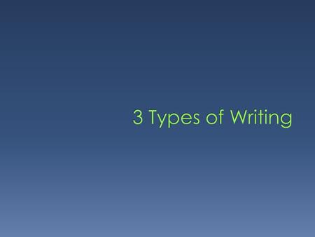  Expository (also called informative)  Persuasive (also called argumentive)  Narrative.
