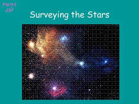 PHYS 205 Surveying the Stars PHYS 205 Parallax The apparent change in the direction of the remote object due to a change in the vantage point of the.