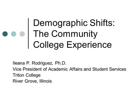 Demographic Shifts: The Community College Experience Ileana P. Rodriguez, Ph.D. Vice President of Academic Affairs and Student Services Triton College.