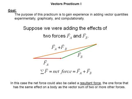 Vectors Practicum I Goal: The purpose of this practicum is to gain experience in adding vector quantities experimentally, graphically, and computationally.