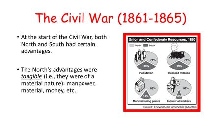 The Civil War (1861-1865) At the start of the Civil War, both North and South had certain advantages. The North's advantages were tangible (i.e., they.