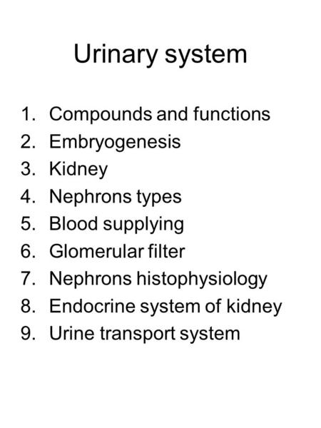 Urinary system 1.Compounds and functions 2.Embryogenesis 3.Kidney 4.Nephrons types 5.Blood supplying 6.Glomerular filter 7.Nephrons histophysiology 8.Endocrine.