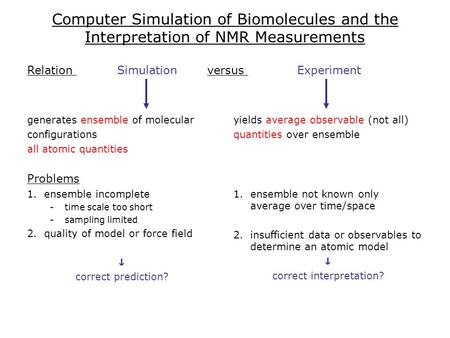 Computer Simulation of Biomolecules and the Interpretation of NMR Measurements generates ensemble of molecular configurations all atomic quantities Problems.