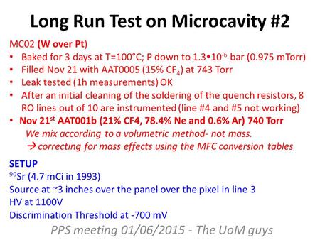 Long Run Test on Microcavity #2 PPS meeting 01/06/2015 - The UoM guys SETUP 90 Sr (4.7 mCi in 1993) Source at ~3 inches over the panel over the pixel in.