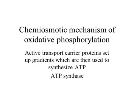 Chemiosmotic mechanism of oxidative phosphorylation Active transport carrier proteins set up gradients which are then used to synthesize ATP ATP synthase.