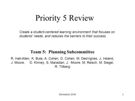 December 20061 Priority 5 Review Team 5: Planning Subcommittee R. Hall-Allen, K. Bute, A. Cohen, D. Cohen, M. DesVignes, J. Ireland, J. Moore, D. Kinney,