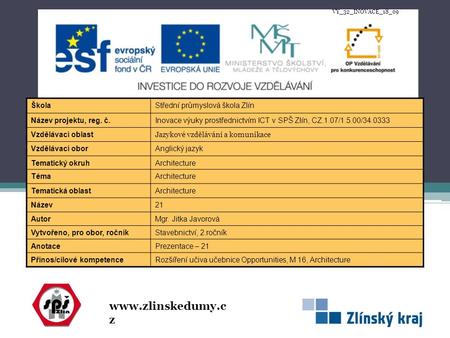 Www.zlinskedumy.c z ŠkolaStřední průmyslová škola Zlín Název projektu, reg. č.Inovace výuky prostřednictvím ICT v SPŠ Zlín, CZ.1.07/1.5.00/34.0333 Vzdělávací.