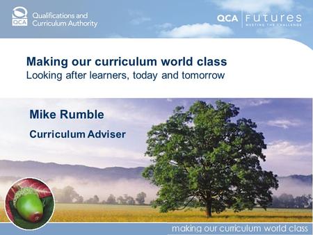 Making our curriculum world class Looking after learners, today and tomorrow Mike Rumble Curriculum Adviser.