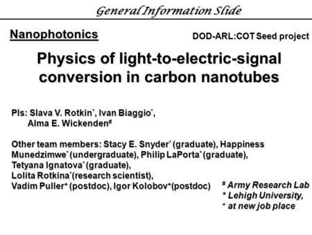 Physics of light-to-electric-signal conversion in carbon nanotubes PIs: Slava V. Rotkin *, Ivan Biaggio *, Alma E. Wickenden # Alma E. Wickenden # Other.