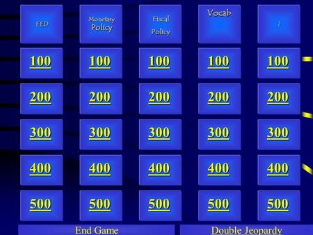 FED 100 400 300 200 500 Monetary Policy Monetary Policy 100 400 300 200 500 Fiscal Policy 100 400 300 200 500 Vocab. 100 400 300 200 500 ? 100 400 300.