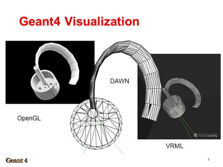 Geant4 Visualization 1 OpenGL DAWN VRML. Visualization Visualization Seeing what one does usually helps One can visualize geometry, hits, trajectories.