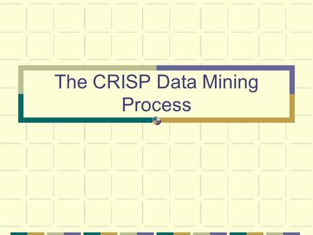 The CRISP Data Mining Process. August 28, 2004Data Mining2 The Data Mining Process Business understanding Data evaluation Data preparation Modeling Evaluation.