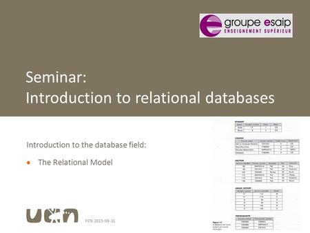 FEN 2015-08-311 Introduction to the database field:  The Relational Model Seminar: Introduction to relational databases.